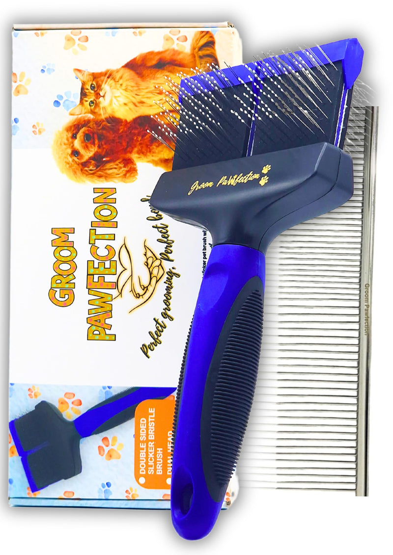 Slicker Dog & Cat Grooming Brush with Dual-Flex Head – Flexible Deshedding Tool & Finishing Comb for Tangle-Free Grooming | Ideal for Poodles, Doodles, Labradoodles, Cockapoos & Cats Blue