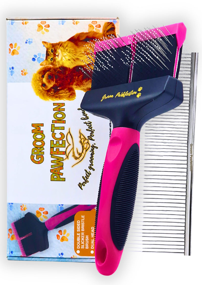 Slicker Dog & Cat Grooming Brush with Dual-Flex Head – Flexible Deshedding Tool & Finishing Comb for Tangle-Free Grooming | Ideal for Poodles, Doodles, Labradoodles, Cockapoos & Cats Pink - PawsPlanet Australia
