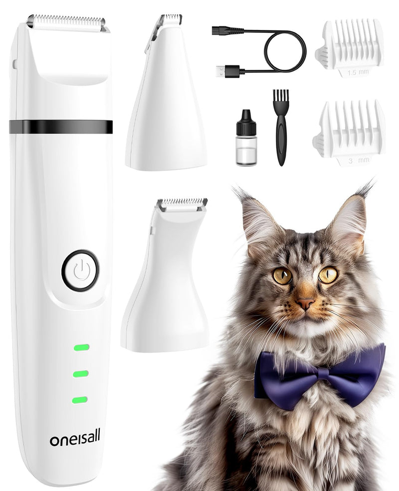 oneisall 3 in 1 Cat Clippers & Dog Paw Trimmer Grooming Kit, Cordless Low Noise Dog Trimmer for Matted Fur, 2-Speed Pet Clippers for Paws, Legs, Face, Hips White - PawsPlanet Australia
