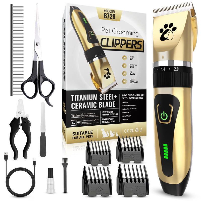 Dog Clippers Cordless, Professional Pet Clippers, 2-Speed Low Noise Dog Grooming Kit, Pet Trimmer for Small Large Thick Hair Dogs Cats Gold - PawsPlanet Australia
