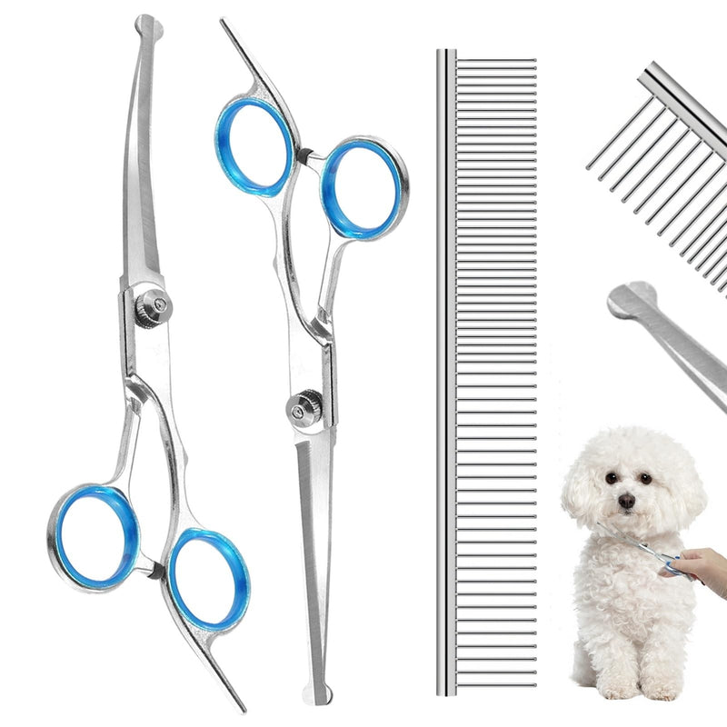 Dog Grooming Scissors Set with Safety Rounded Tips, 3-in-1 Stainless Steel Pet Dog Cat Grooming Tools with Sharp Straight Shears Curved Scissors and Comb for Face Ear Nose Paw Hair Trimming