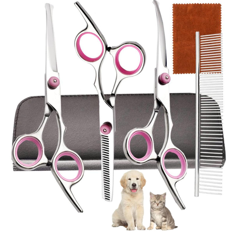 Dog Grooming Scissors - Professional Pet Grooming Kit with Flea Comb - Safety Round Tips Dog Thinning Scissors (Pink) Set of 6 | Grooming Products for Dogs Petking Pink-set of 6