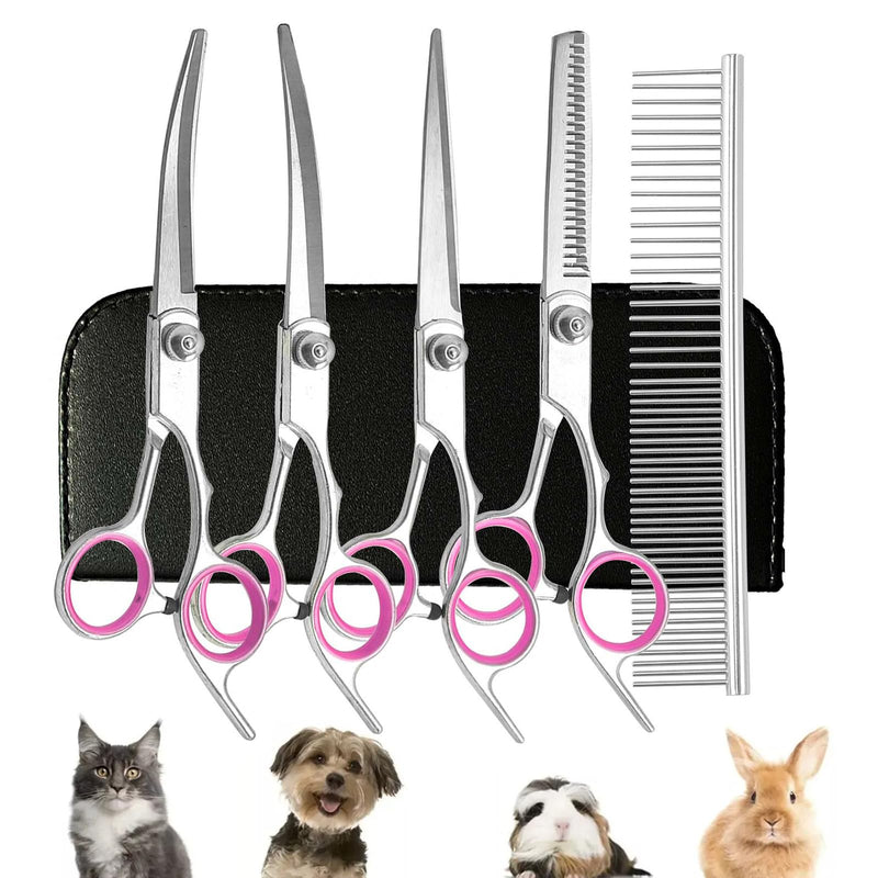 Professional Dog Grooming Kit - Stainless Steel 5-Piece Set With Safety Round Tips, Straight and Curved Shears, Thinning Shear and Comb for Dog Cat Pet Hair Care at Home - PawsPlanet Australia