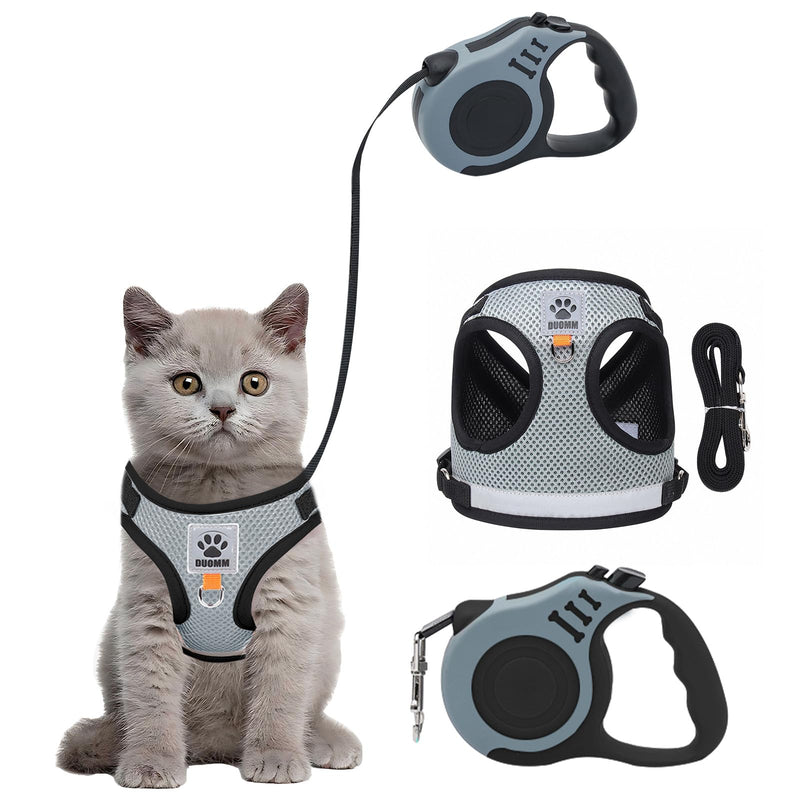 Cat Harness and Lead Set, Escape Proof Kitten Harness with Cat Leash, 16.4 Ft / 5 M Automatic Retractable Cat Lead for Garden, Reflective Adjustable Soft Vest for Small Cat Walking (Grey, S) Grey - PawsPlanet Australia