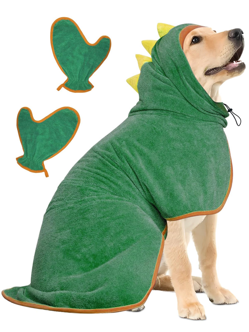 JOLOVE Dog Drying Coat Super Absorbent Dog Towels for Drying Dogs for After Bath Soft Dog Drying Towel Adjustable Dog Bathrobe for Bath, Swim, Wet Walk (Green Dinosaur, L) Green Dinosaur - PawsPlanet Australia