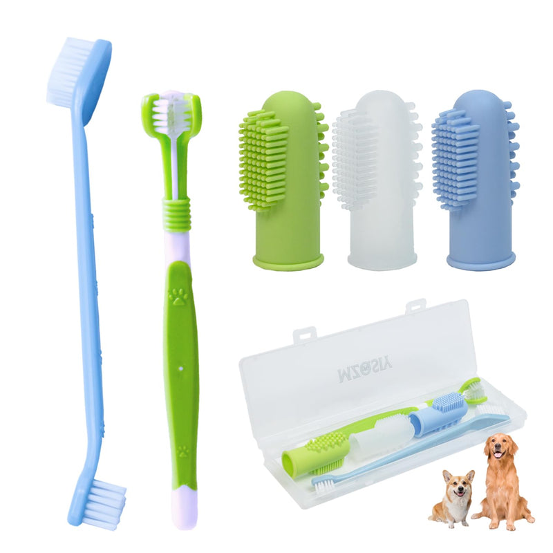 Dog Toothbrush Set 5 Pack,3 Finger Toothbrush,Triple Heads Dog Toothbrushes,Dual-Dead Toothbrush, Multi-Angle Dental Teeth Cleaning Products for Dental Care, Easy Dog Cat Puppy Teeth Cleaning Blue Transparent 1 count (Pack of 1)