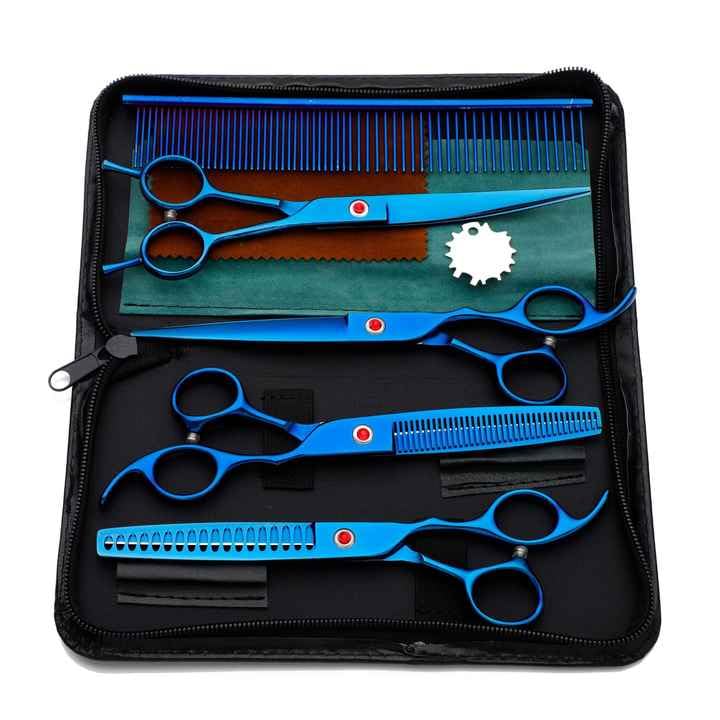 Professional Dog Grooming Scissors, with Safety Round Tips Stainless Steel Professional Dog Grooming Shears Set Straight, Thinning, Chunker, Curved Shears for Long Haired Pet(Blue) Blue