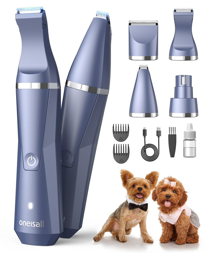 oneisall Dog Clippers Grooming Kit 4 in 1, Low Noise Dog Paw Trimmer&Dog Nail Grinder,IPX7 Waterproof Cordless Pet Trimmer Shaver for Small Dogs and Cats Blue