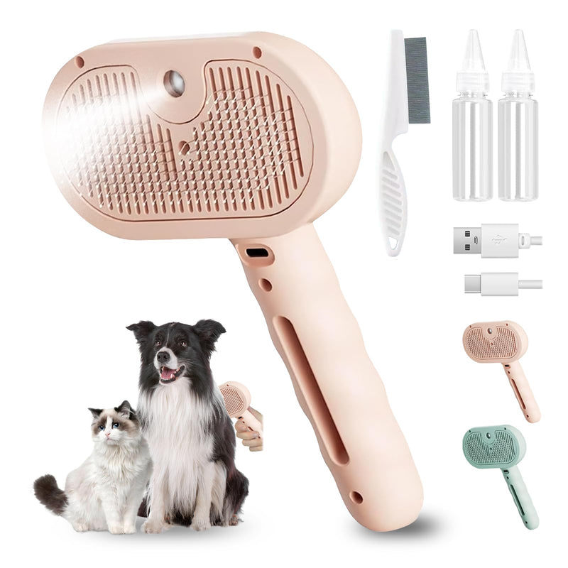 Cat Steam Brush for Grooming, Magic Wand for Pet Hair, Dog Steam Grooming Brush, 3 in 1 Massage Brushes with Handle, Suitable for Most Long and Short-Haired Pets, with a Flea Comb Pink