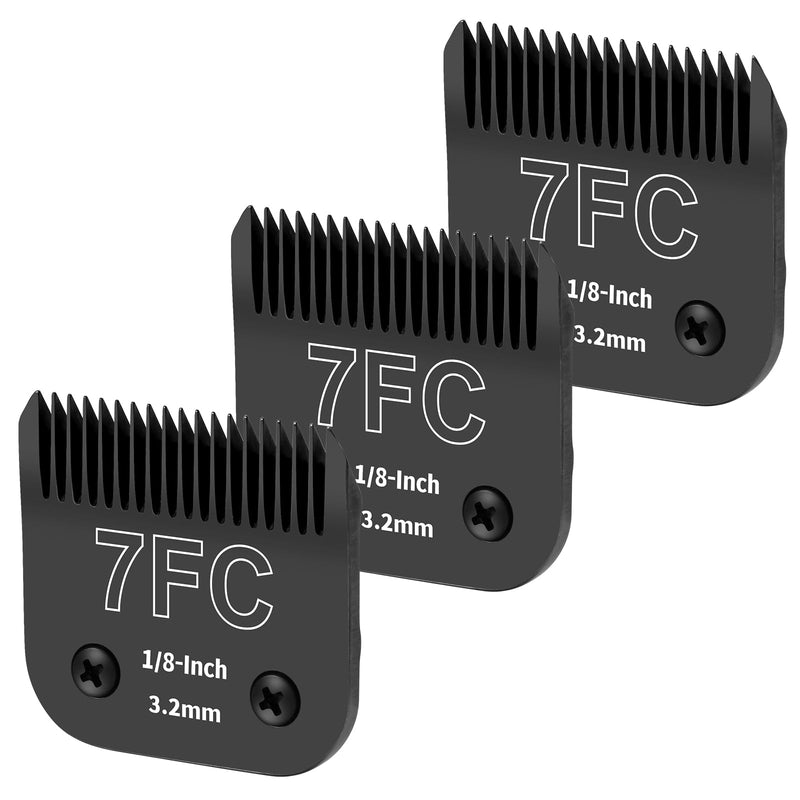 3-Pack 7FC Detachable Dog Grooming Steel Blades - Compatible with Andis, Oster A5, Wahl KM-10 Series - 1/8-Inch (3.2mm) Cut Length (Black) 7FC-3