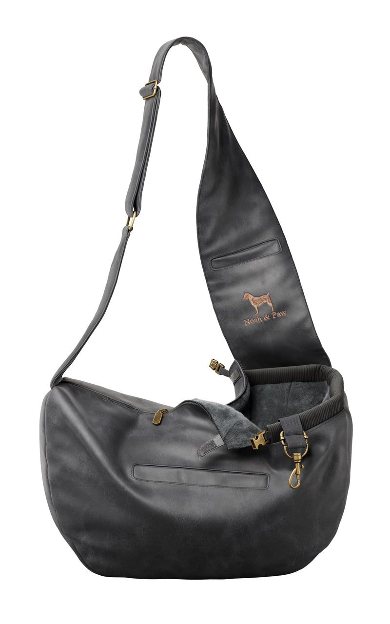 Noah & Paw Dog Sling Carrier for Small Dogs 3-10lb, Dog Sling for Small Dogs and Cats, Dog Carrier with Adjustable Padded Strap, Vegan Leather Lined with Fur, 3x Safety Features, Machine Washable Charcoal 38 cm L x 15 cm W x 14 cm H