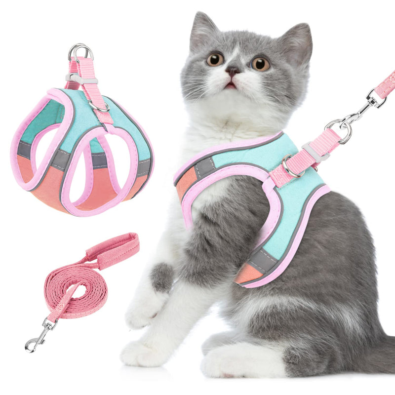Cat Harness and Lead Set for Walking, Adjustable Soft Sturdy Faux Suede Escape Proof Kitten Vest Harness and leash with Reflective Strip for Large Medium Small Cats(L) L(Chest 40-42 cm) Green & Pink