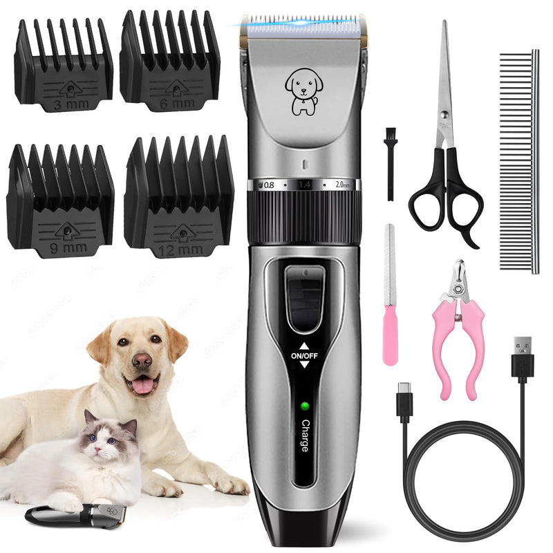 Dog Grooming Clippers Kit, Upgraded Cordless Professional Pet Clippers, Low Noise Dog Trimmer with Ceramic Blades, 7200 RPM Pet Shaver for Dogs Cats with 4 Guide Combs and Nail Kit