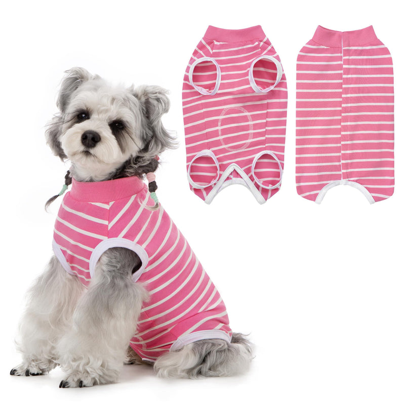 Striped Dog Surgery Suit - Soft Cotton Recovery Body Suit After Surgery, Wound Protection, Easy to Wear, Pink L