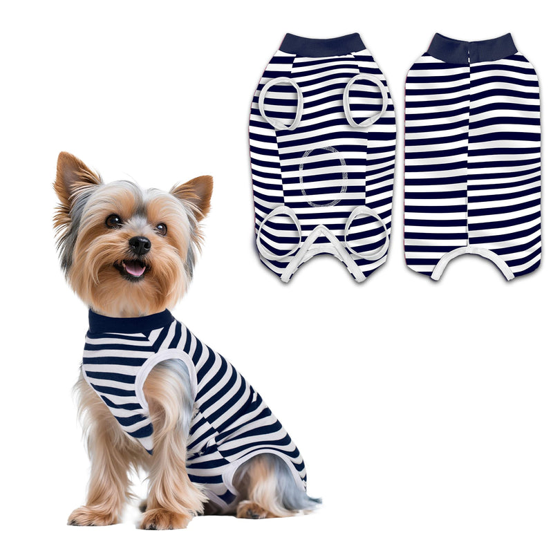 Striped Dog Surgery Suit Female Male Dog Recovery Body Suit After Surgery, Soft Cotton Surgical Recovery Vest Pet Medical Shirt Button Closure, Wound Protection, Easy to Wear, Dark Navy S