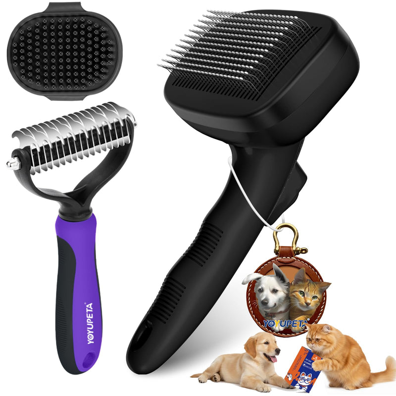 3-in-1 Dog Brush Kit - Self-Cleaning Slicker Brush & Undercoat Rake | Professional Deshedding Grooming Tool for Moulting & Mats | Ideal for Long Hair & Double Coated Dogs Cats | Black
