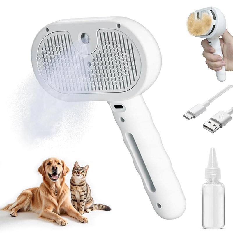 3 in 1 Pet Grooming Brush with Steam and Spray - Hair Removal Comb for Dogs and Cats with Water Tank and Mist Release Stainless Steel Teeth and Ergonomic Handle for Shedding and Grooming(White) White - PawsPlanet Australia