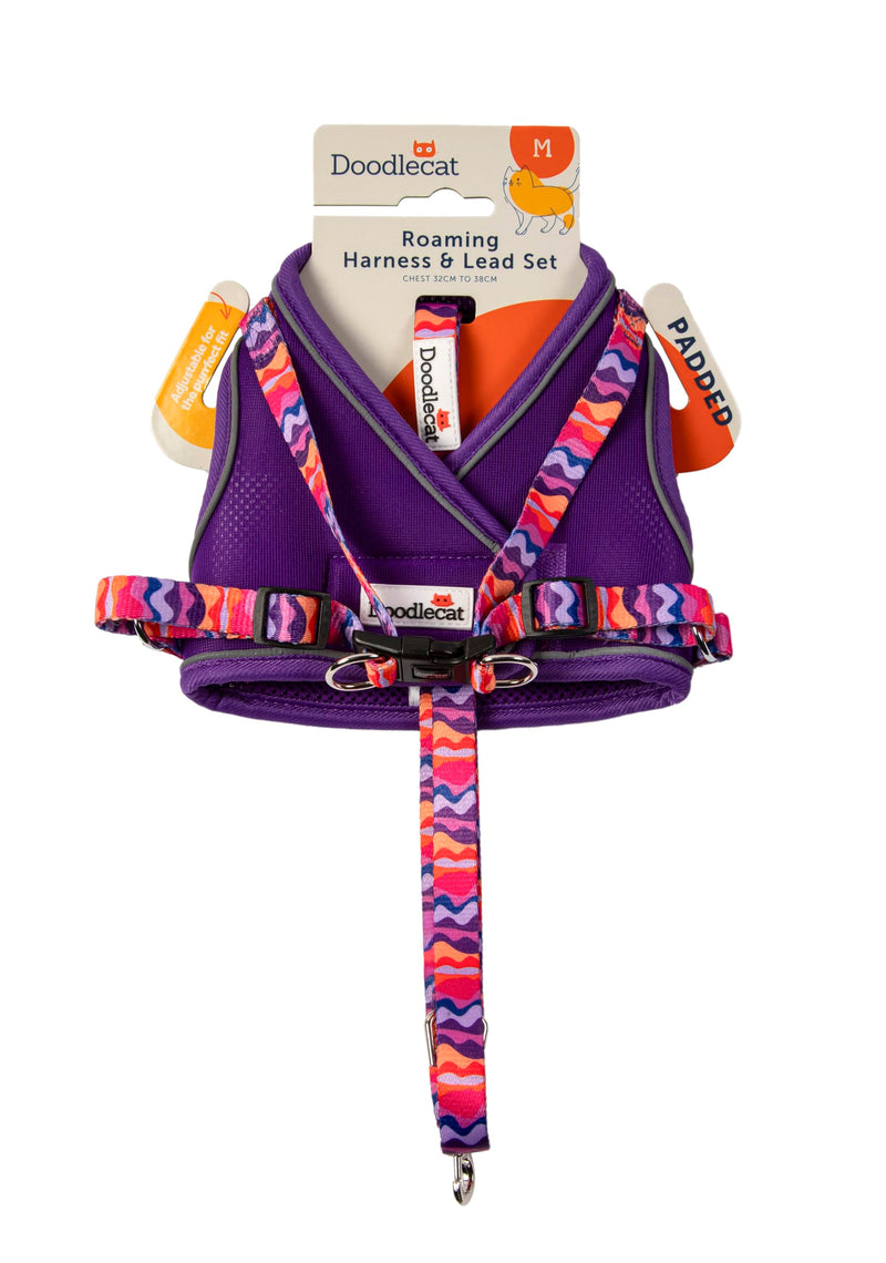 Doodlecat - Cat Harness and Lead Set - Adjustable Step In Mesh Cat Harness with Reflective Piping, Breathable Fabric and Secure Fit for Outdoor Walking - Medium 32-38cm - Violet & Dunes Violet/Dunes M - PawsPlanet Australia