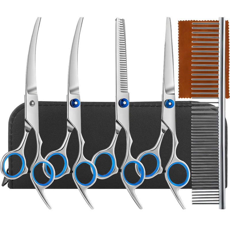 5-in-1 Dog Grooming Scissors Set with Safety Round Tip, Professional Stainless Steel Pet Grooming Kit for Dogs, Cats, Includes Curved, Straight, Thinning Scissors & Comb - PawsPlanet Australia