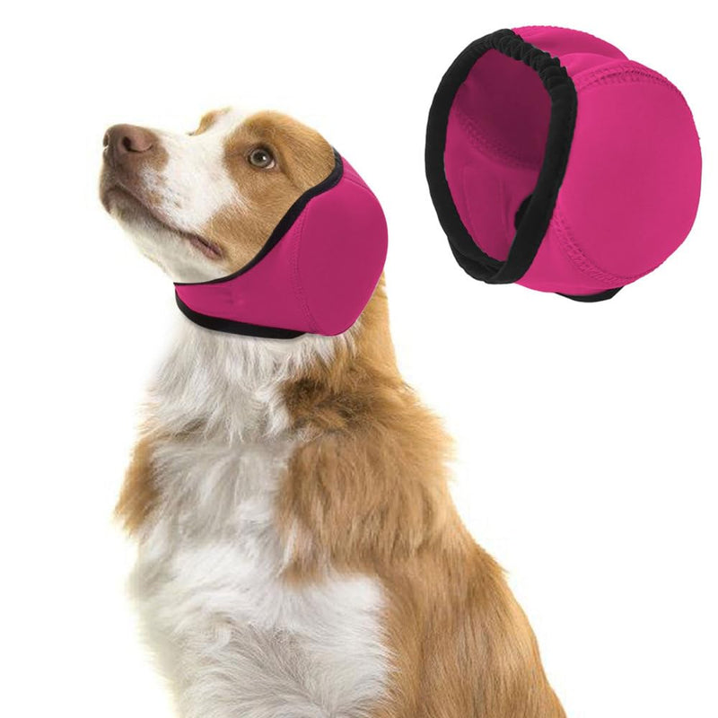 Dog Ear Defender, Waterproof Adjustable Dogs Head Cover Noise Cancelling Windproof Pet Calming Hood for Summer Bathing Water Play Protection Rose Red L