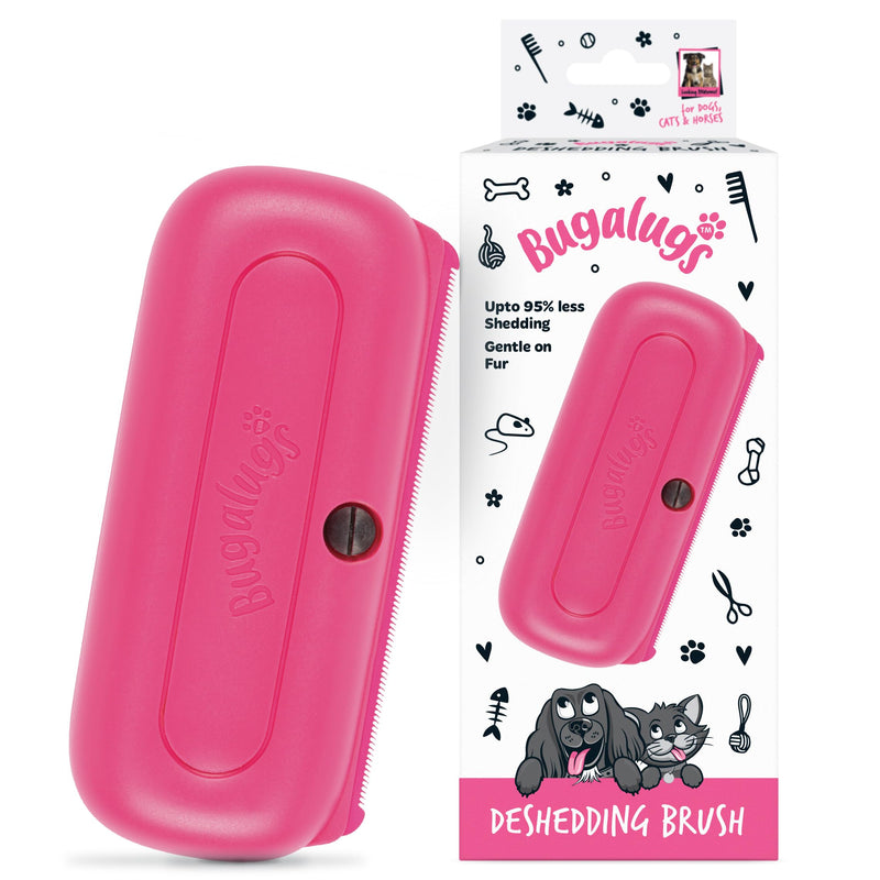 Bugalugs Deshedding Brush for Dogs, Cats, Horses - Pet Grooming Tool that is Gentle & Effective With Wide Shallow Comb, Smooth Groomer for Dog, Cat and Horse Pink