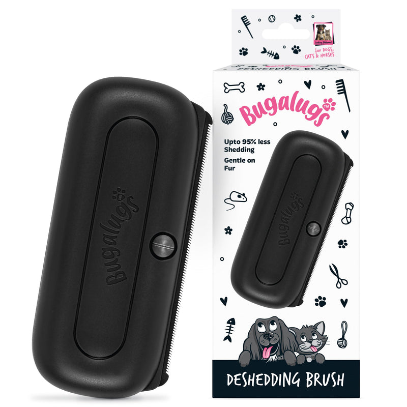 Bugalugs Deshedding Brush for Dogs, Cats, Horses - Pet Grooming Tool that is Gentle & Effective With Wide Shallow Comb, Smooth Groomer for Dog, Cat and Horse (Black) Black