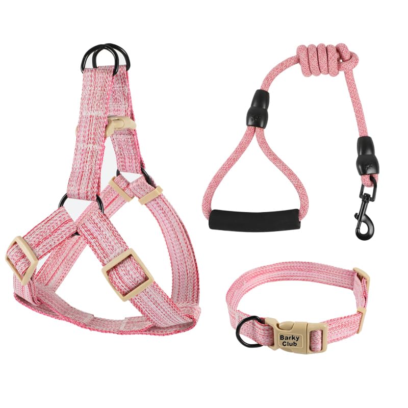 Dog & Cat Harness Set – Adjustable Linen Leash, Collar & Harness – Breathable, Lightweight & Comfortable, Suitable for Small to Medium Pets (Pink, S) Pink