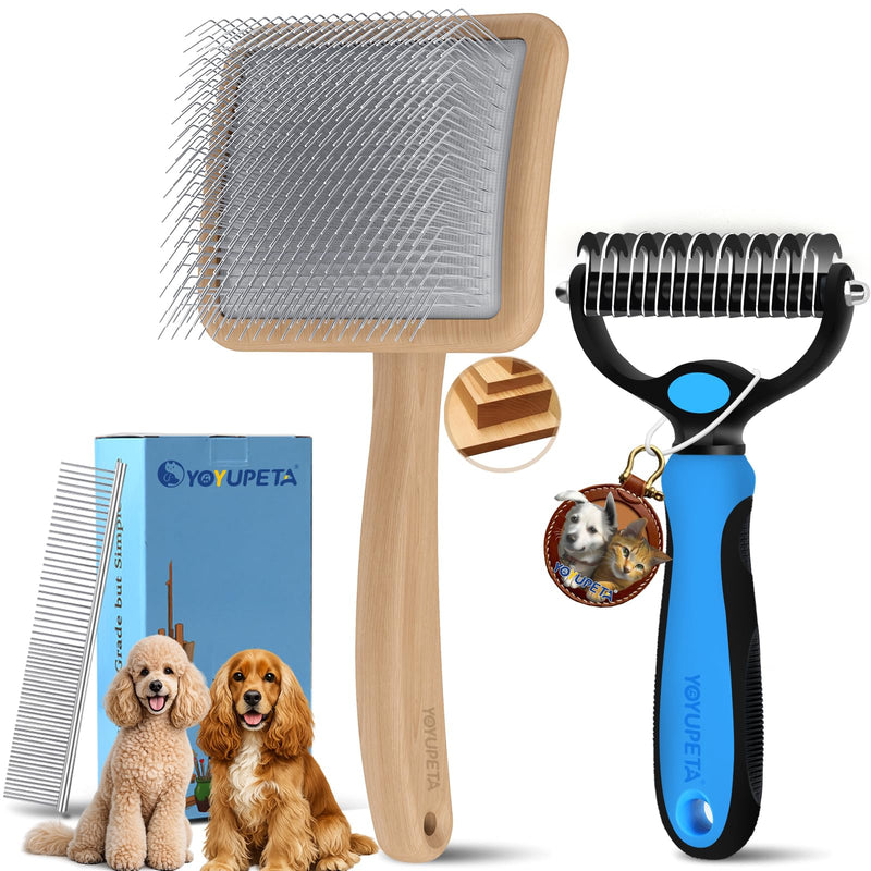 Long Pin Poodle Slicker Brush Set for Goldendoodle & Cockapoo. 25mm Pins Dog Grooming Kit with Undercoat Rake & Comb. Solid Wood Dematting Tool for Removing Mats, Tangles, Deshedding. Natural - PawsPlanet Australia