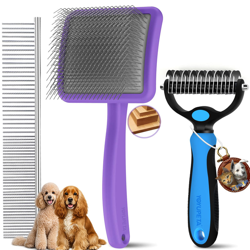 Long Pin Poodle Slicker Brush Set for Goldendoodle & Cockapoo. 25mm Pins Dog Grooming Kit with Undercoat Rake & Comb. Solid Wood Dematting Tool for Removing Mats, Tangles, Deshedding. Purple