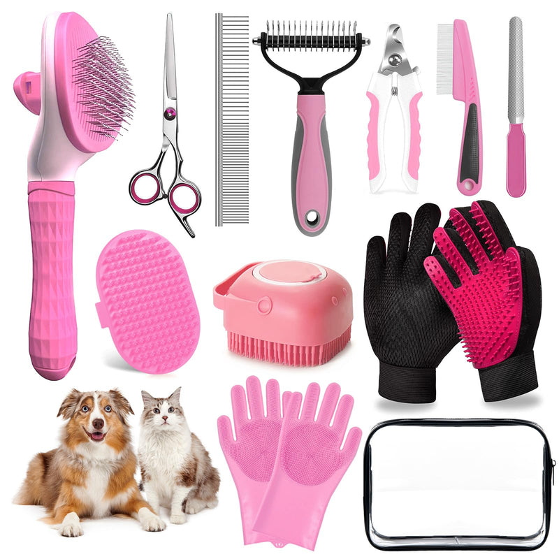 13Pcs Pet Grooming Kit - Dog Cat Deshedding Brush, Nail Clippers with File, Hair Remover Gloves & Bath Tools for Long/Short Haired Pets, Grooming Tool for Long and Short Haired Pets Pink 13pcs - PawsPlanet Australia