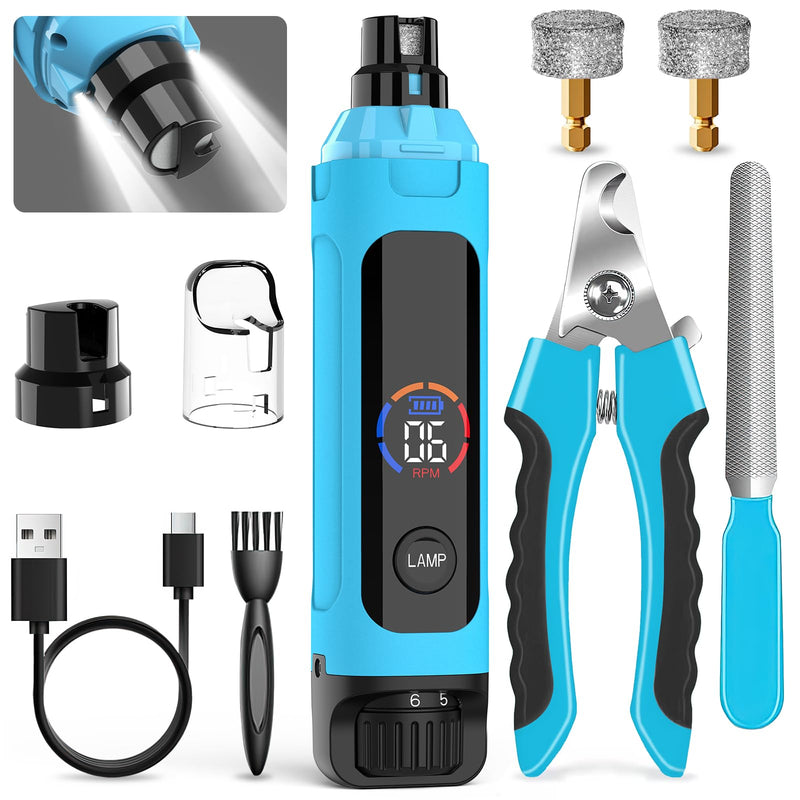 Dog Nail Grinder 6-Speed with LED Display, Dog & Cat Nail Clippers and Trimmers, Pet Nail Grinder with 2 LED Lights - Super Quiet Rechargeable Claw Trimmer for Large Medium Small Dogs/Cats (Blue) Blue - PawsPlanet Australia