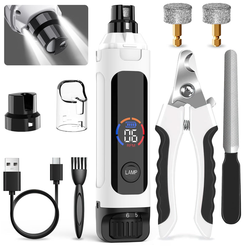 Dog Nail Grinder 6-Speed with LED Display, Dog & Cat Nail Clippers and Trimmers, Pet Nail Grinder with 2 LED Lights - Super Quiet Rechargeable Claw Trimmer for Large Medium Small Puppy Dogs/Cats White
