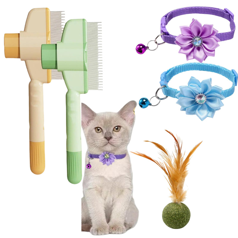 Fellblitz Brush for Cats and Dogs, 2 x Hair Brushes + 2 x Necklaces + 1 x Mint Play Ball, Self-Cleaning Cat Brush, Short Hair/Long Hair, Paw Moon Brush for Pets - PawsPlanet Australia
