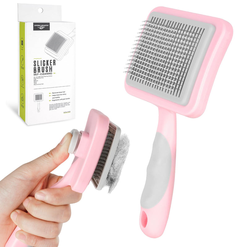 Dog Brush Cat Brush, Cat Grooming Comb Self Cleaning Pet Hair Comb with Button Dog Grooming Tool for Small, Medium & Large Pet Shedding Massage Clean (Pink) Pink