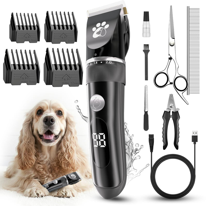 Dog Clippers, Dog Grooming Kit, 2-Speed Low Noise IPX5 Waterproof LED Display Professional Cordless Pet Hair Trimmer, Suitable for Small Medium Dogs & Cats