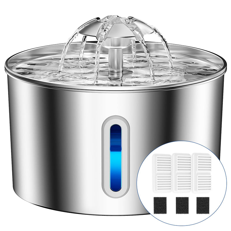 Cat Water Fountain for Drinking - 74oz/2.2L Cat Fountain Stainless Steel Flower Style, Silent Automatic Wired Pet Water Fountain Triple-Filter Water Fountain Cat Bowl 3 Filters 3 Sponges Water Fountain-2.2L+ 3 filters + 3 sponges - PawsPlanet Australia