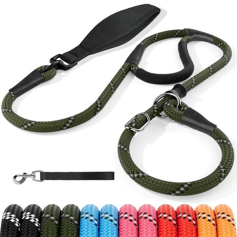 Slip Lead for Dogs, No Pull Training Leash with Double Comfortable Handles and Collar Attachment, Highly Reflective Strong Puppy Rope Leads for Medium Large Dog, Armygreen 13mm*1.8m