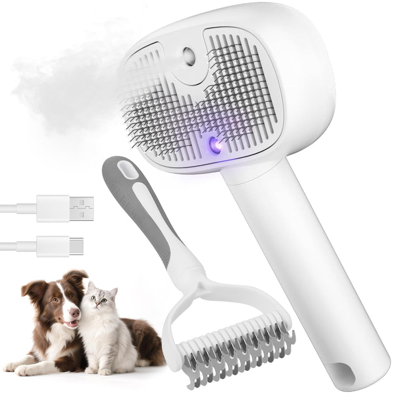Pet Steam Brush for Dog & Cat - 3-in-1 Spray Hair Removal Comb for Shedding & Grooming, Dog Brushes for Indoor Cats, Cat Steam Brush & Pet Grooming Rake for Long & Short Haired Pets