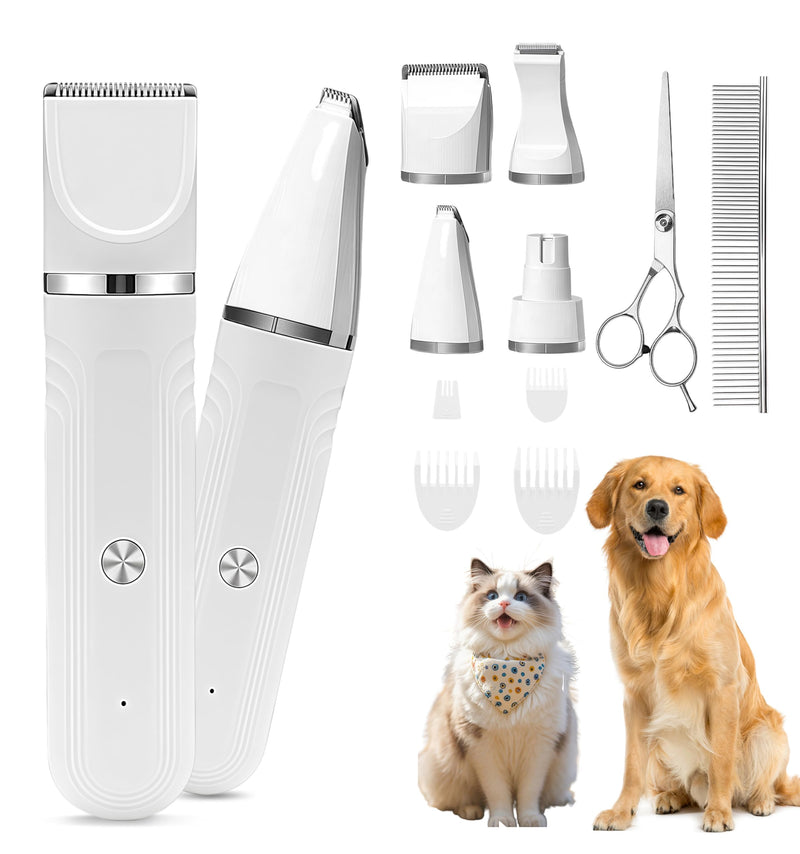 Flintronic 4 in 1 Dog Clippers Professional, Dogs Grooming Clippers Kit, Rechargeable Pet Paws Trimmer, with Stainless Steel Scissors Combs, Dog/Cat Shaver for Paws, Claws, Eyes, Ears, Face 4 in 1 White