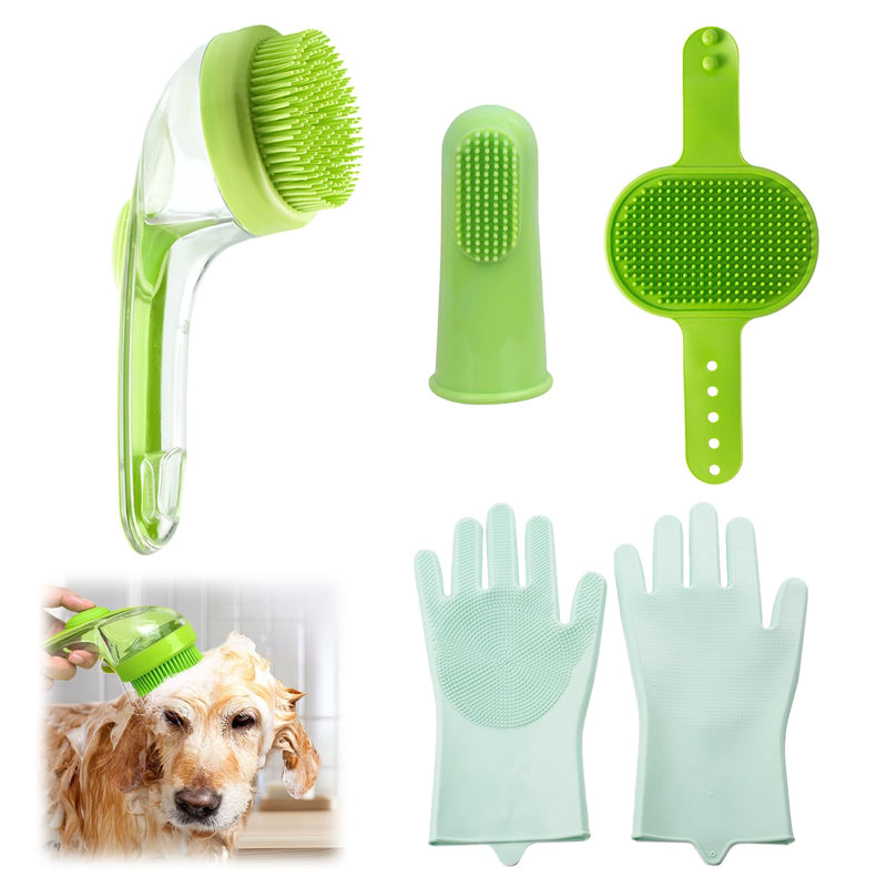4Pcs Dog Bath Brush Set, Comfortable Long Handle Soft Grooming Brushes With Grooming Gloves Washing Gloves and Massage Brush and Finger Toothbrush, Perfect for Long Short Haired Dogs Cats Pet - PawsPlanet Australia