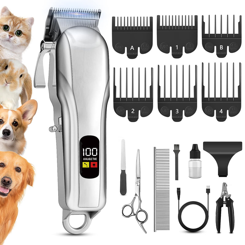 Professional Dog Clippers for Thick Hair, Low Noise Grooming Nail Kits with Stainless Steel Blade,Cordless Dog Grooming Clippers with 6 Guide Combs for Pets and Animals - PawsPlanet Australia
