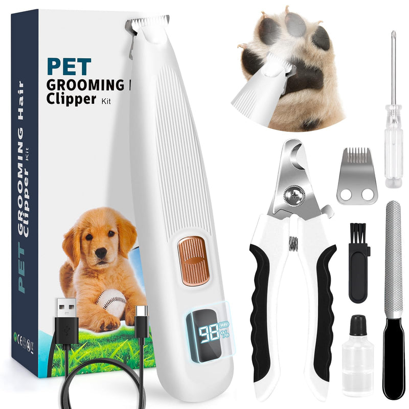Dog Paw Trimmer with LED Light, Paw Trimmer for Dogs 0.8inch/20mm Wide Blade, Pet Hair Grooming Kit with Dog Nail Clipper, Cordless Electric Pet Paw Grooming Clippers for Paws, Ears, Face, Rump White-01