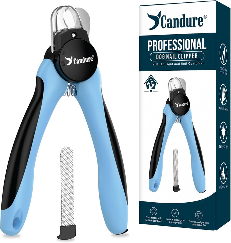 Candure Dog Nail Clipper with LED Light- Illuminates Nail Bloodline for Safer Trimming, Sharp Blade & Quick Sensor Safety Guard for Thick Nails - Grooming Tool for Dogs & Cats with Nail File Sky Blue With Light Pet Clipper with LED Light