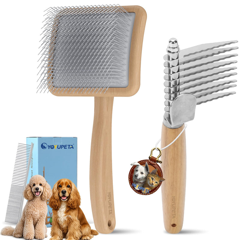 Large Long Pin Slicker Brush for Shedding – 3PC Grooming Kit with Dematting Comb & Pet Comb for Long-Haired Dogs & Cats, Doodles, Poodles, Goldendoodle & Double Coats, Wooden Handle