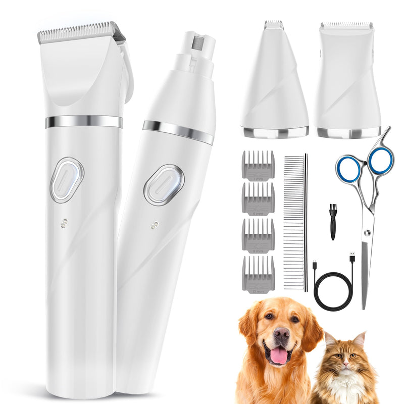 4 in 1 Professional Dog Grooming Kit, 2000mAh Heavy Duty Cordless Clippers, 2-Speed Low Noise Dog Trimmer with Nail Grinder for Thick Hair - for Dogs & Cats Body, Paws, Face, Ears, Legs White