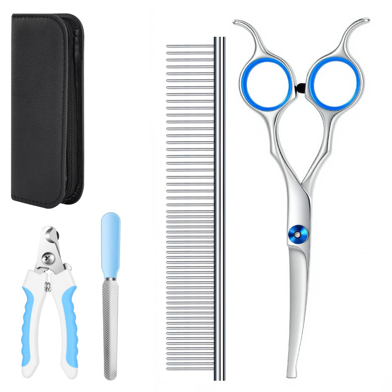Dog Grooming Scissors Set with Safety Rounded Tips, 4pcs Pet Dog Cat Grooming Tools, Professional Grooming Shears Set Hair Cutting Trimming Scissors with Steel Comb & Leather Pouch for Dogs Cats Pets