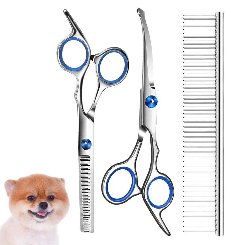 Dog Grooming Scissors, 3Pcs Dog Grooming Kit with Safety Round Tip, Professional Grooming Shears Set Hair Cutting Trimming Scissors with Steel Comb for Dogs Cats Pets