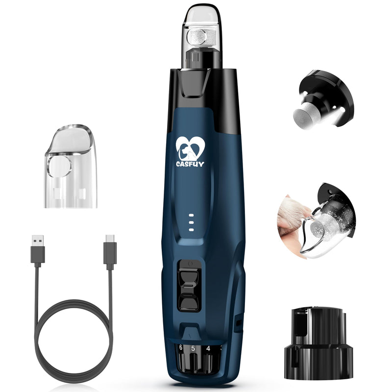 Casfuy Smart 6-Speed Dog Nail Grinder - 50% More Power Pet Nail Grinder with 2 LED Lights Quiet Rechargeable Electric Dog Nail Trimmers File Toenail Grinder for Large Medium Small Dogs & Cats Dark Blue