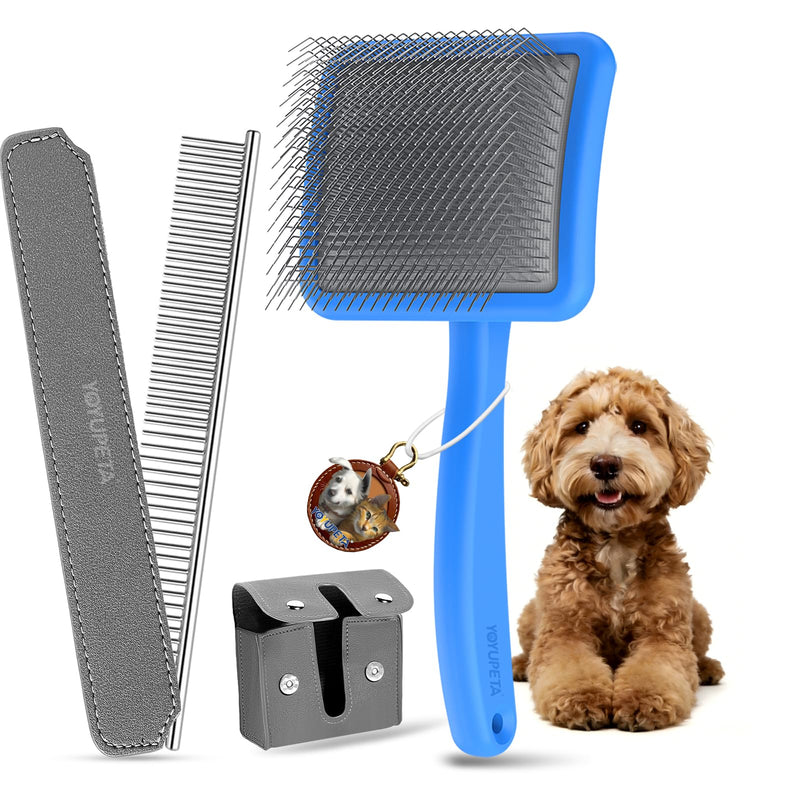 Large Dog Slicker Brush Set for Poodles & Goldendoodles - Extra Long Pin Slicker Brush with Wooden Handle for Long Haired Dogs & Cats - Dematting Tool with Leather Case (2 Piece Kit). Blue - PawsPlanet Australia