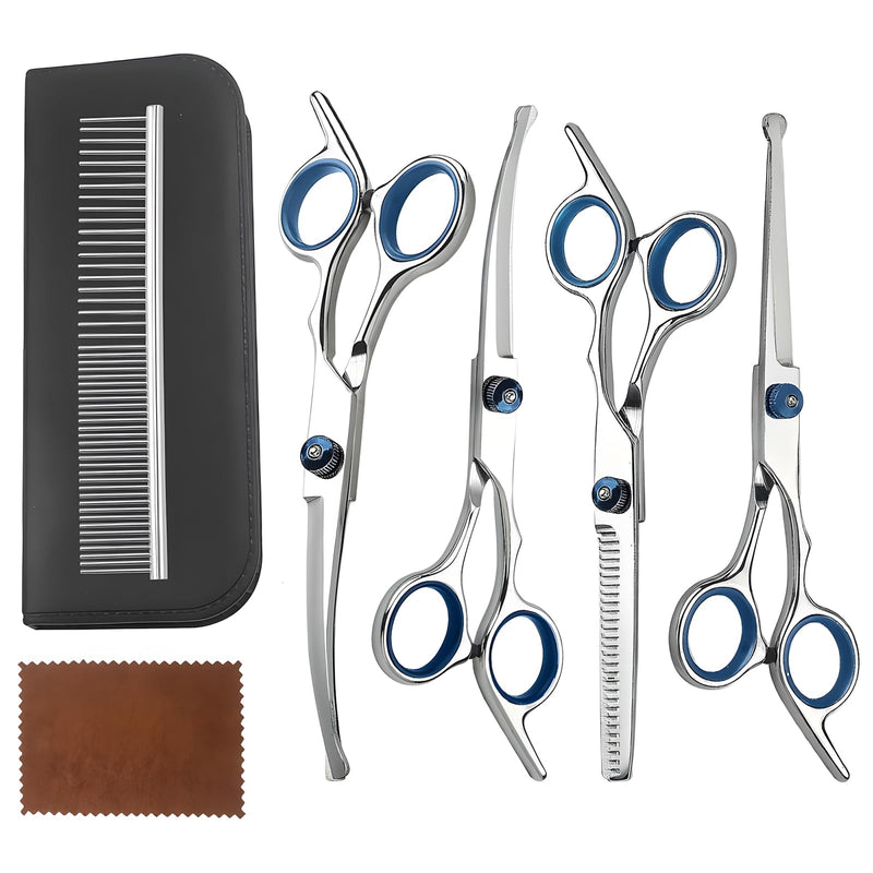 Pet Grooming Scissors, Upper Curved Pet Grooming Scissors Set with Safety Rounded Tips, 6.7-Inch, Stainless Steel, Pet Cat and Dog Hair Trimming, Professional Pet Hair Care Tool. 6 piece